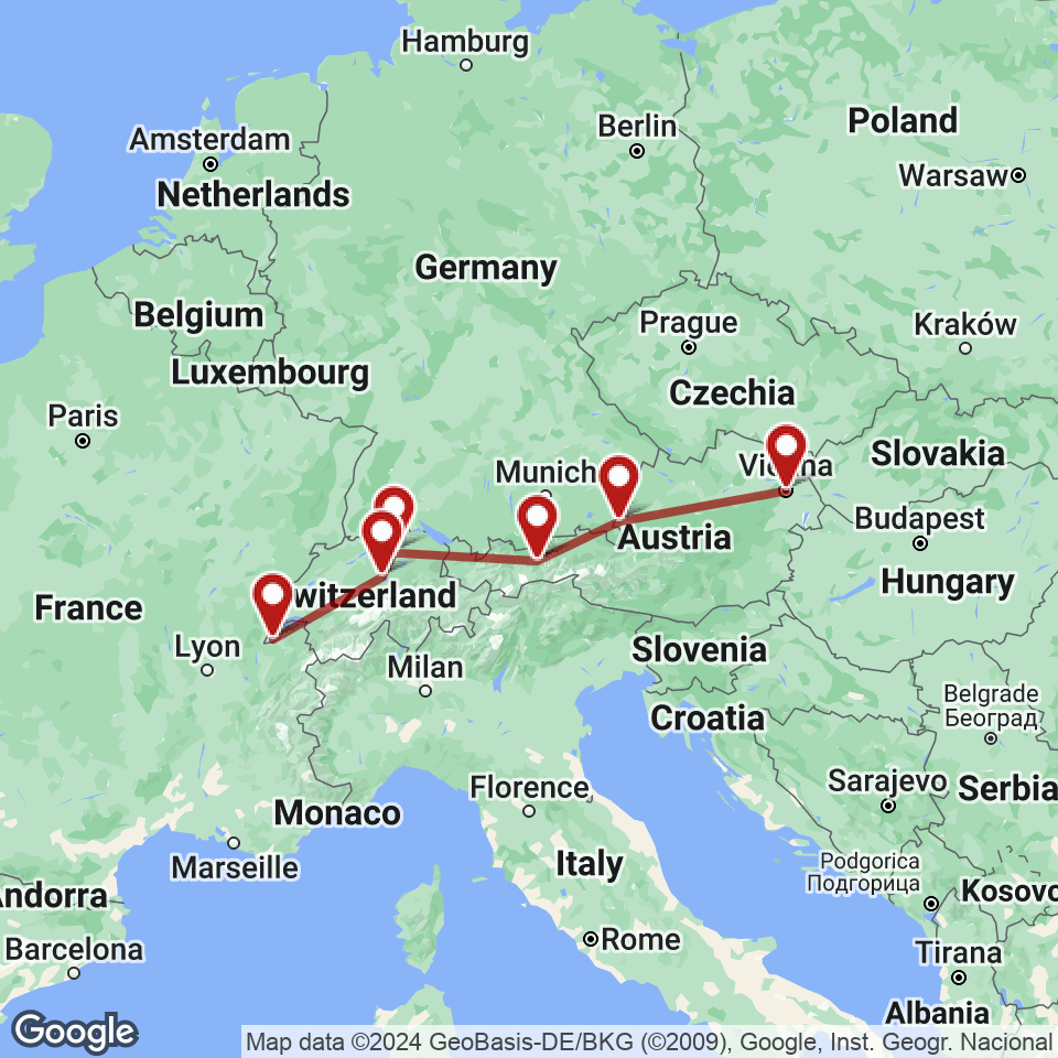 Route for Geneva, Lucerne, Zurich, Innsbruck, Salzburg, Vienna tour
